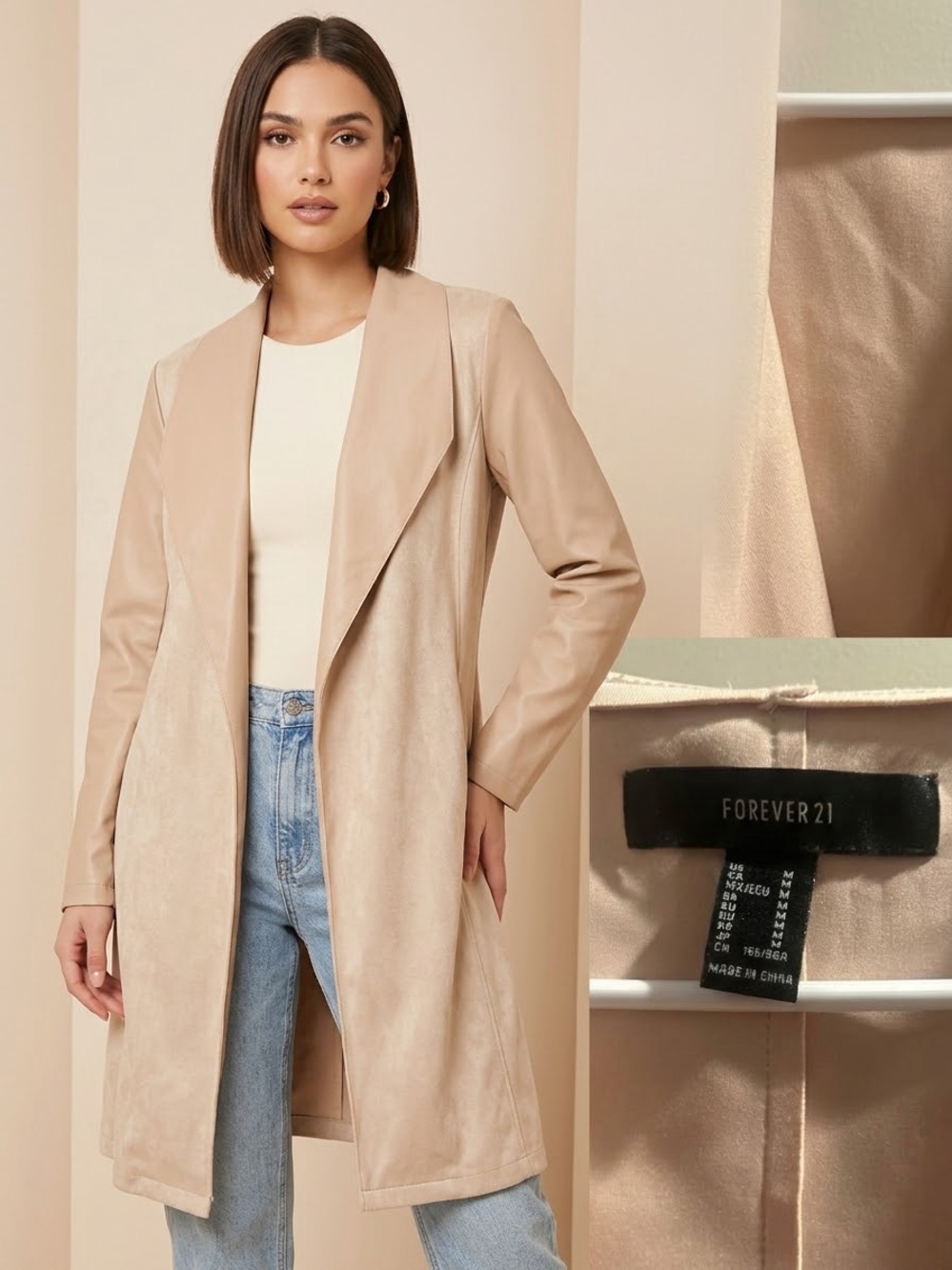Forever 21 Beige Open-Front Draped Trench Coat